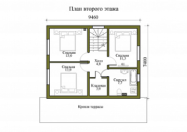 Проект двухэтажного дома с крытой и открытой террасами / План мансардного этажа Проект двухэтажного дома с крытой и открытой террасами / План мансардного этажа