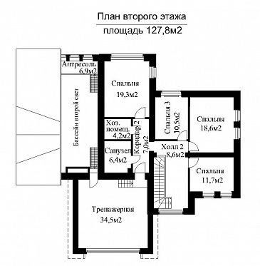 Проект загородного дома с бассейном и гаражом на 2 машины  / План 2 этажа Проект загородного дома с бассейном и гаражом на 2 машины  / План 2 этажа