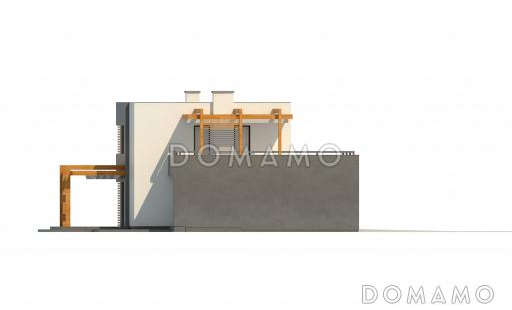 Проект двухэтажного дома из газобетона с плоской крышей, со спальной зоной и террасой на втором этаже и гаражом / Фасад 2