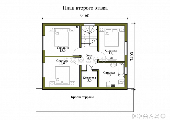 Проект двухэтажного дома с крытой и открытой террасами / План мансардного этажа Проект двухэтажного дома с крытой и открытой террасами / План мансардного этажа