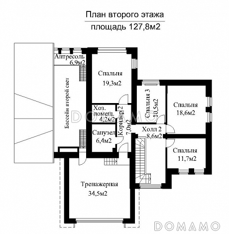 Проект загородного дома с бассейном и гаражом на 2 машины  / План 2 этажа Проект загородного дома с бассейном и гаражом на 2 машины  / План 2 этажа