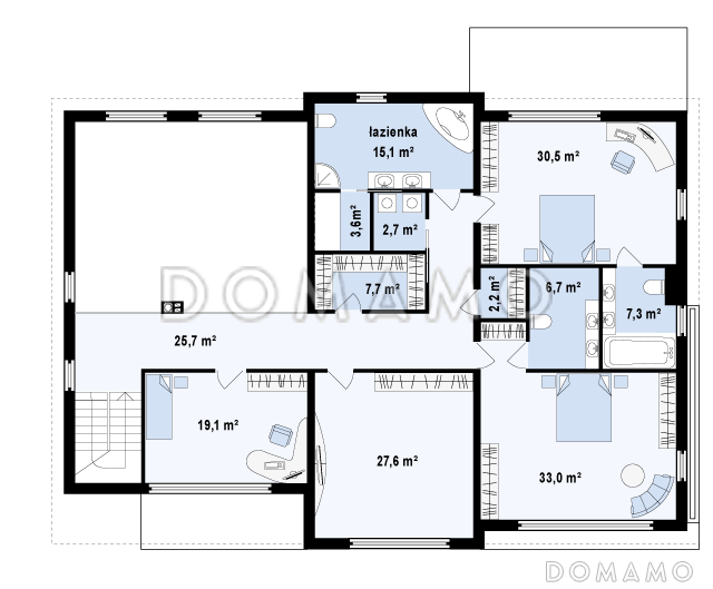 Проект большого комфортабельного двухэтажного дома из газобетона с пятью комнатами, спортзалом и вторым светом над просторной гостиной / План 2 этажа