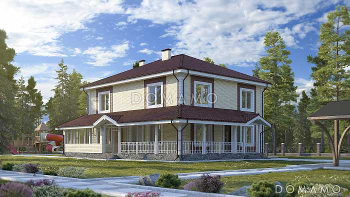 Проект двухэтажного дома с кабинетом, спортзалом, верандой и террасой Проект двухэтажного дома с кабинетом, спортзалом, верандой и террасой