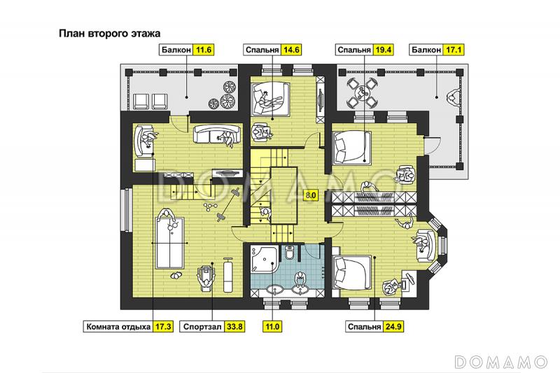 Загородный дом с двумя террасами, залом с бассейном, сауной, спортзалом на мансардном этаже / План мансардного этажа