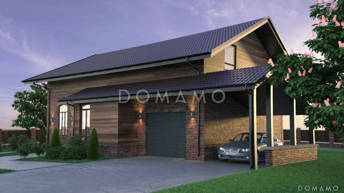 Проект яркого классического дома из СИП панелей с мансардой, террасой, гаражом и навесом для автомобиля / 1