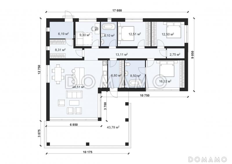 Проект одноэтажного дома с террасой S-149 / План 1 этажа