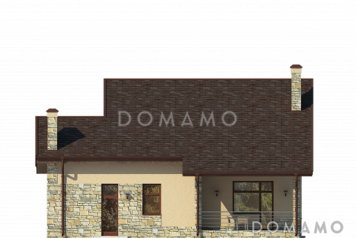 Проект дома с гаражом, гостиной с панорамным окном, тремя спальнями на мансардном этаже, кладовой / Фасад 3