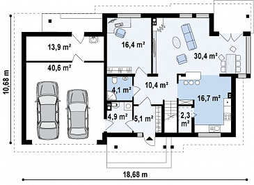 Проект двухэтажного дома из кирпича с эркером и балконом над ним, с тремя спальнями, кабинетом и двухместным гаражом / План 1 этажа