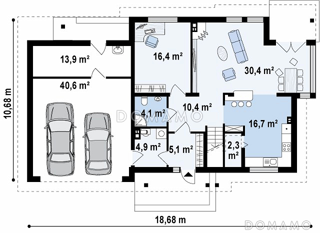 Проект двухэтажного дома из кирпича с эркером и балконом над ним, с тремя спальнями, кабинетом и двухместным гаражом / План 1 этажа