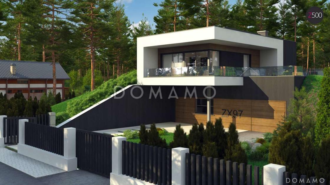 Проект современного двухэтажного дома из кирпича с плоской крышей необычного дизайна, подходит для участка со склоном / 6