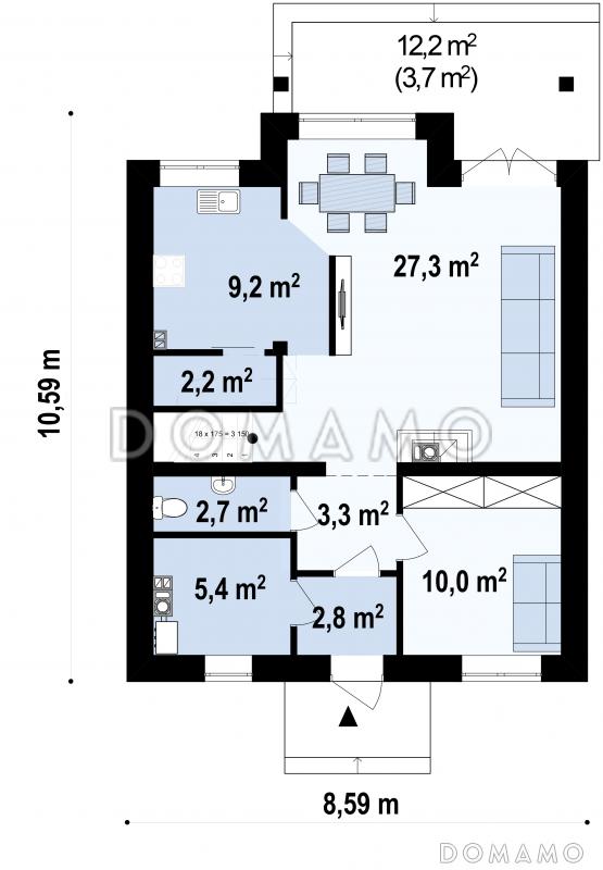 Проект классического мансардного дома из газобетона с кабинетом, с эркером и балконом / План 1 этажа