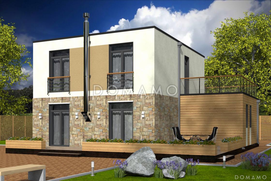 Проект современного дома с гаражом на одну машину, открытой террасой, просторной гостиной, широким балконом над гаражом / 2