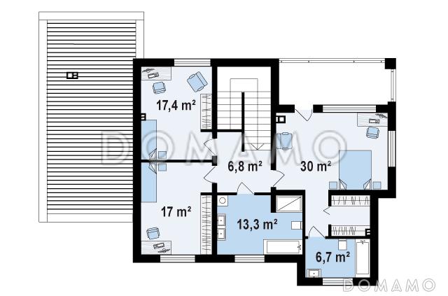 Проект просторного современного двухэтажного дома из газобетона с тремя спальнями, кабинетом, гаражом и сауной / План 2 этажа
