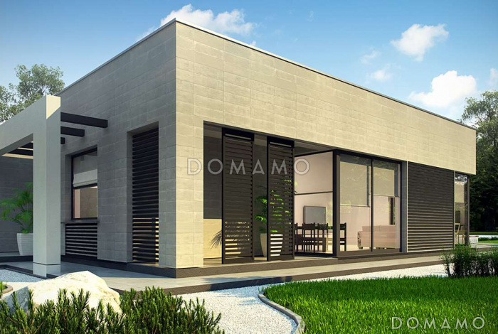 Проект просторного современного одноэтажного дома из кирпича с плоской крышей с четырьмя спальнями, террасой и крытым навесом для двух автомобилей Проект просторного современного одноэтажного дома из кирпича с плоской крышей с четырьмя спальнями, террасой и крытым навесом для двух автомобилей