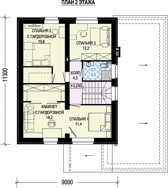 Проект двухэтажного газобетонного дома с гаражом и объединенной спальней, гардеробной и кабинетом / План 2 этажа Проект двухэтажного газобетонного дома с гаражом и объединенной спальней, гардеробной и кабинетом / План 2 этажа