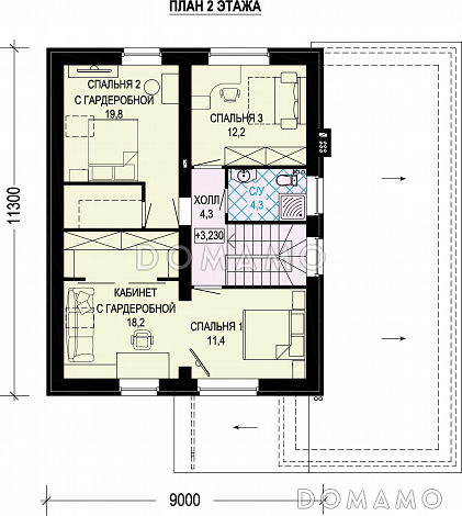 Проект двухэтажного газобетонного дома с гаражом и объединенной спальней, гардеробной и кабинетом / План 2 этажа Проект двухэтажного газобетонного дома с гаражом и объединенной спальней, гардеробной и кабинетом / План 2 этажа