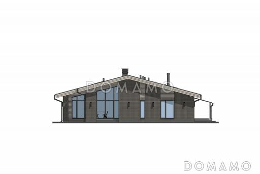 Проект кирпичного одноэтажного дома с 3 комнатами, сауной и навесом для автомобилей / Фасад 1