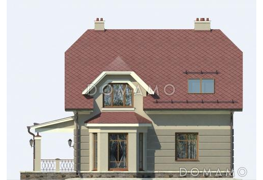 Проект дома с мансардой, крытой террасой и тремя спальными комнатами / Фасад 2