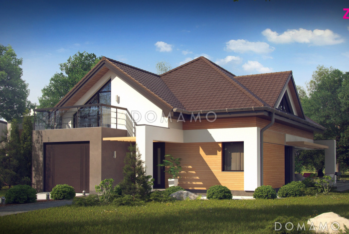 Проект одноэтажного мансардного дома из кирпича с гаражом и тремя спальнями и балконом