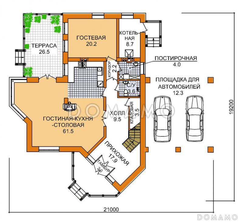 Проект дома из пеноблоков с площадкой для автомобиля / План 1 этажа