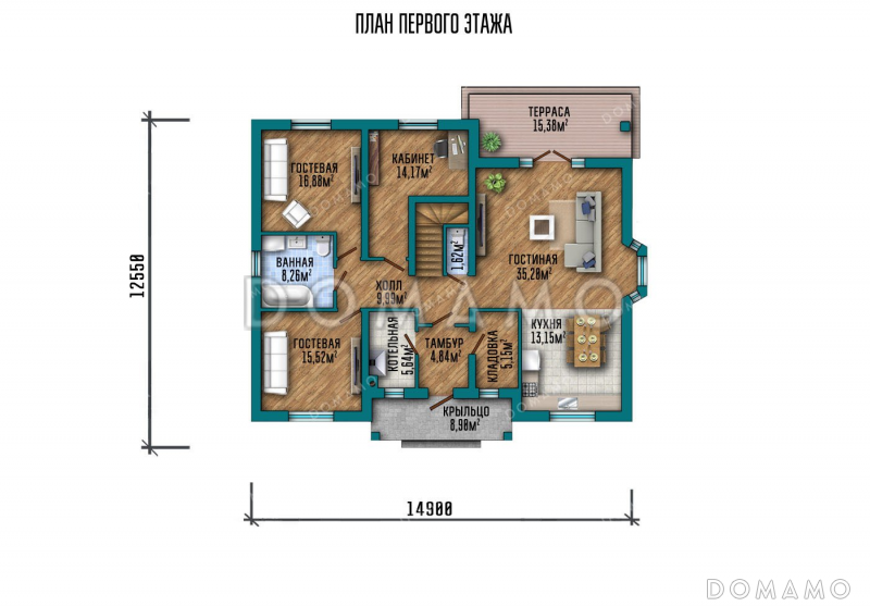 Проект одноэтажного дома с мансардой, большой гостиной и террасой / План 1 этажа