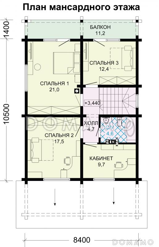 Проект современного дома из бруса с мансардой / План мансардного этажа