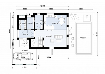 Проект дома с большой террасой и навесом для автомобиля S-158 / План 1 этажа Проект дома с большой террасой и навесом для автомобиля S-158 / План 1 этажа
