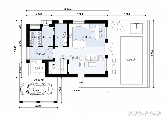 Проект дома с большой террасой и навесом для автомобиля S-158 / План 1 этажа Проект дома с большой террасой и навесом для автомобиля S-158 / План 1 этажа