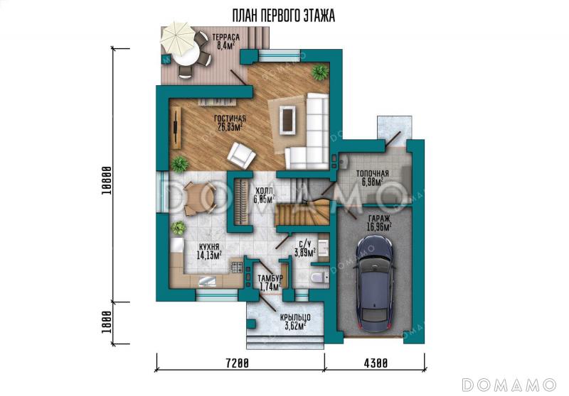 Проект дома с 3 спальнями и кабинетом на мансарде, гаражом и террасой / План 1 этажа