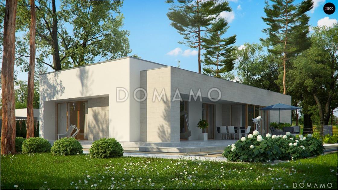 Проект одноэтажного дома из газобетона с плоской крышей, с угловым остеклением гостиной / 1