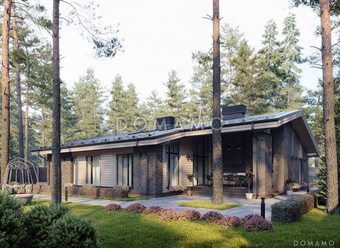 Проект каркасного дома с террасой барбекю и навесом для двух машин / 1