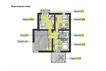 Проект дома с большой открытой террасой, зимним садом, гостиной с камином, кухней с эркером, спальней на первом этаже, вторым светом, балконом / План мансардного этажа
