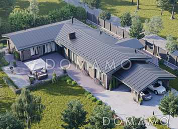 Проект одноэтажного каркасного дома с гостевой зоной, теплой верандой, мастер-спальней и навесом