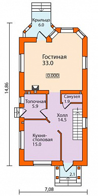 Проект дома из пенобетона для узкого участка / План 1 этажа Проект дома из пенобетона для узкого участка / План 1 этажа