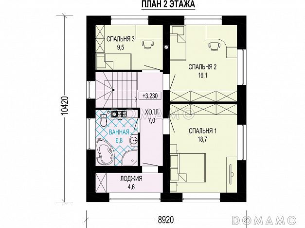 Проект двухэтажного дома с кладовой, кухней-столовой, лоджией / План 2 этажа Проект двухэтажного дома с кладовой, кухней-столовой, лоджией / План 2 этажа