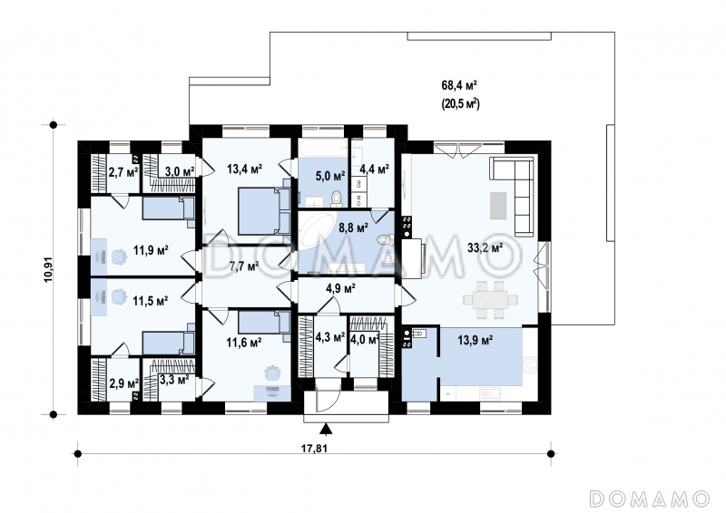 Проект просторного одноэтажного дома из кирпича с четырьмя спальнями с гардеробными / План 1 этажа