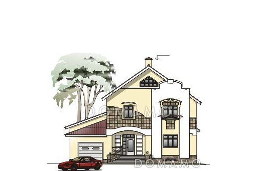 Проект дома из пеноблоков с цокольным этажом, гаражом, тремя спальнями и гостевой  комнатой на первом этаже / Фасад 1