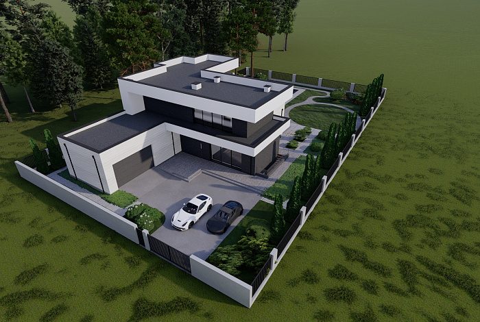 Проект крупномасштабного двухэтажного дома в стиле хай-тек с подвалом и бассейном