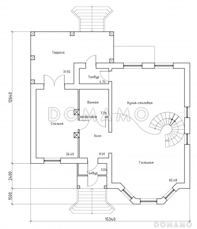 Проект двухэтажного дома с эркером и цокольным этажом, с винтовой лестницей / План 1 этажа