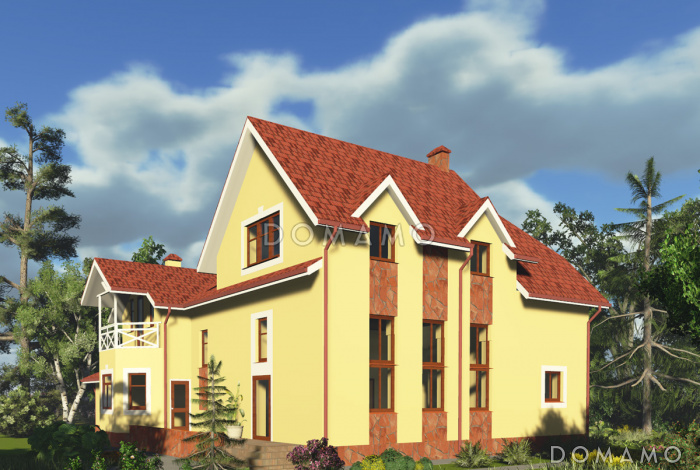 Проект дома с мансардным этажом, пристроенным гаражом и двумя балконами Проект дома с мансардным этажом, пристроенным гаражом и двумя балконами