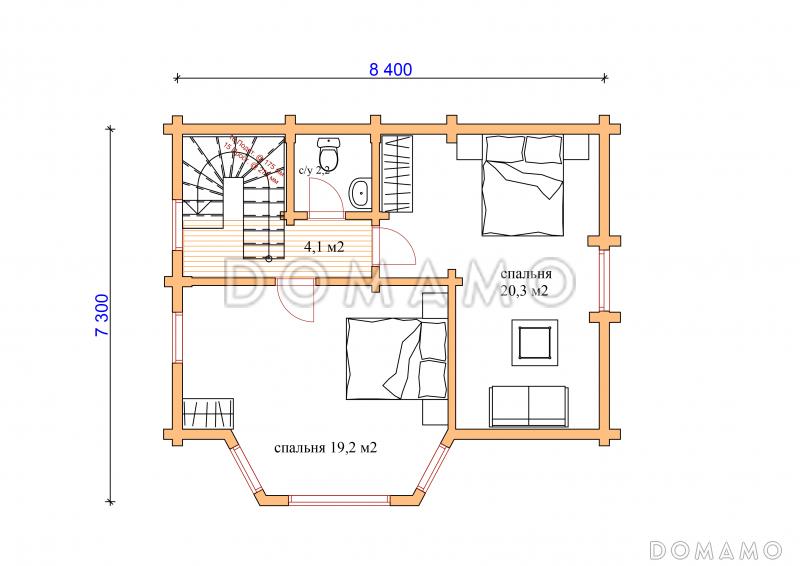 Проект коттеджа из бревна с сауной / План мансардного этажа