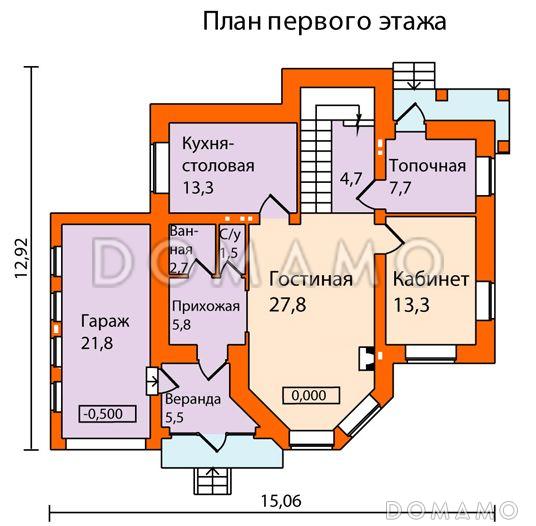 Проект кирпичного дома с пристроенным боксом на одну машину / План 1 этажа