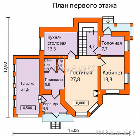 Проект кирпичного дома с пристроенным боксом на одну машину / План 1 этажа Проект кирпичного дома с пристроенным боксом на одну машину / План 1 этажа