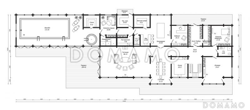 Проект двухэтажного дома мз клееного бруса с бассейном, джакузи, зоной отдыха, сауной, постирочной и душевой комнатой / План 1 этажа