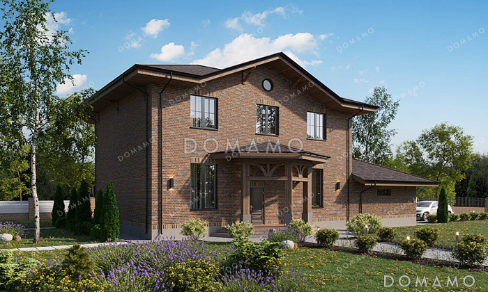 Проект двухэтажного дома с большой гостиной и гаражом на два автомобиля Проект двухэтажного дома с большой гостиной и гаражом на два автомобиля