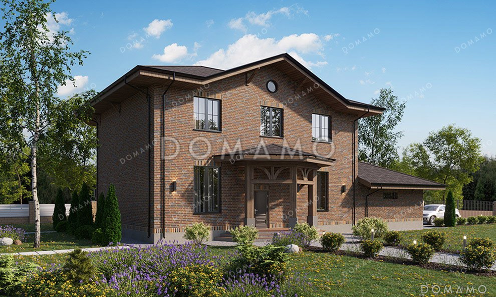 Проект двухэтажного дома с большой гостиной и гаражом на два автомобиля / 1