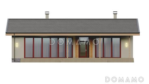 Проект одноэтажной бани с панорамным остеклением, крытой террасой, спальней / Фасад 1