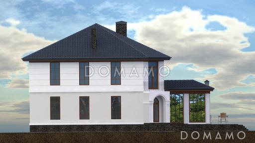 Проект дома с входом с угла здания, террасами, кладовой в кухне, сауной, хозяйской спальней и детскими / Фасад 3 Проект дома с входом с угла здания, террасами, кладовой в кухне, сауной, хозяйской спальней и детскими / Фасад 3