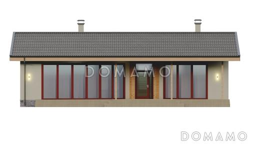 Проект одноэтажной бани с панорамным остеклением, крытой террасой, спальней / Фасад 1