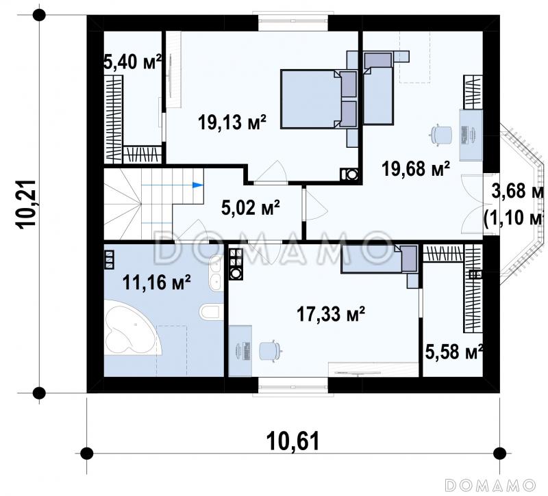 Проект загородного дома с эркером в гостиной, кабинетом, балконом  в комнате на мансарде / План мансардного этажа